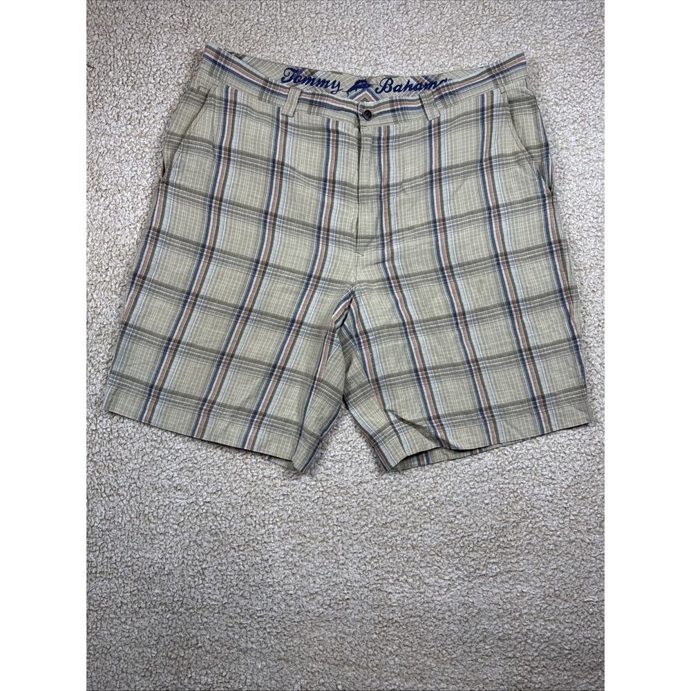 Tommy Bahama Linen Blend Shorts Mens Size 38 Tan Blu Plaid Pockets